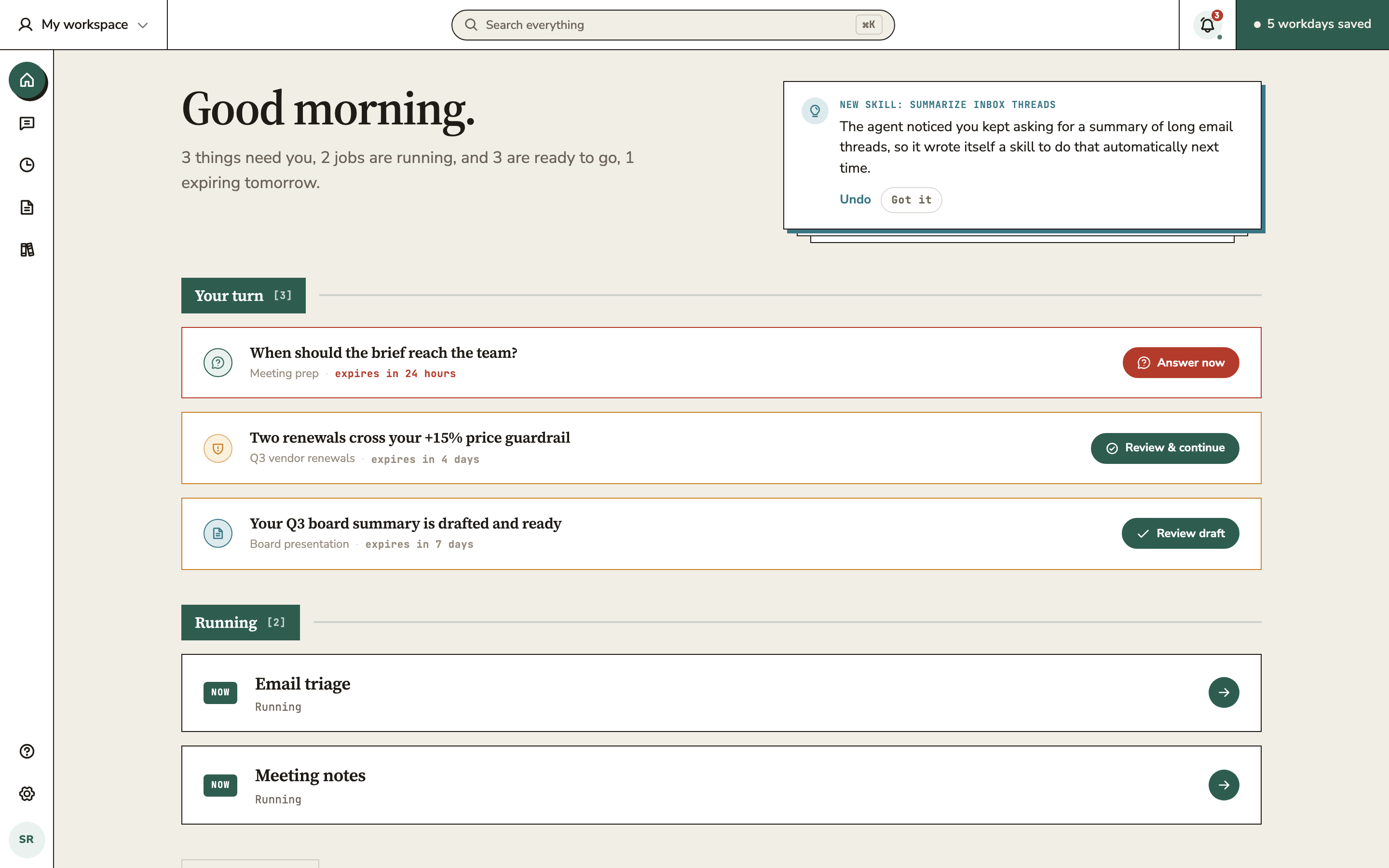 Odepo Home, showing the jobs that need you and the ones running